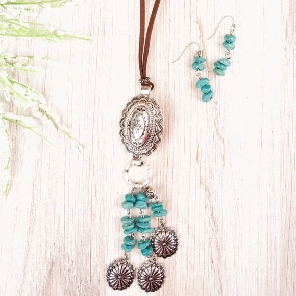 ❤️NWT BOUTIQUE TURQUOISE SAN ANTONIO FALLS CONCHO CORD NECKLACE AND EARRING SET - Picture 1 of 1